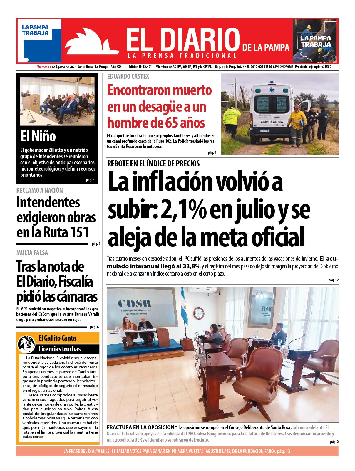 Tapa de El Diario en papel  viernes 14 de agosto de 2026